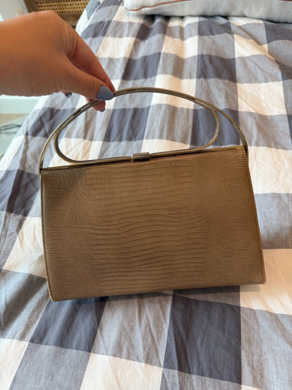Structured Vintage-Style Top Handle Clutch in Taupe